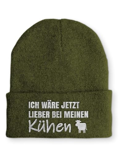 tshirtladen Spruchmütze Strickmütze Kühe Landwirt Wintermütze Mütze lustige Beanie mit Stick, Farbe: Olive von tshirtladen