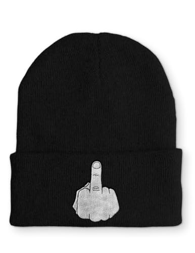 tshirtladen Spruchmütze Strickmütze Mittelfinger Wintermütze lustige Beanie mit Stick OneSize, Farbe: Black von tshirtladen