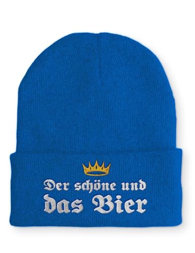 tshirtladen Strickmütze Der schöne und das Bier Mütze Wintermütze lustige Beanie mit Stick, Farbe: Blau von tshirtladen