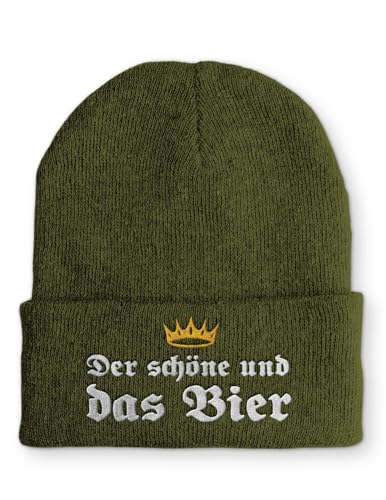 tshirtladen Strickmütze Der schöne und das Bier Mütze Wintermütze lustige Beanie mit Stick, Farbe: Olive von tshirtladen