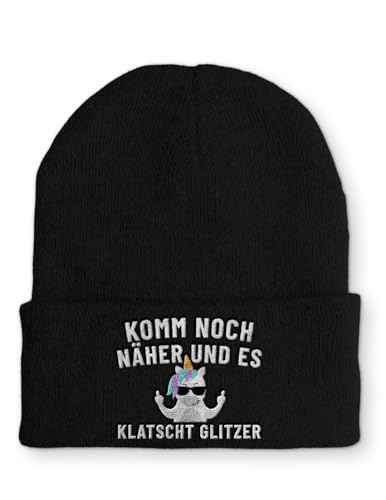 Strickmütze Komm noch näher und es klatscht Glitzer Mütze Wintermütze lustige Beanie mit Stick, Farbe: Black von tshirtladen