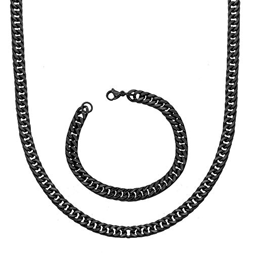 tumundo SET 60 cm Halskette + Armband Ø 8mm Schwarz Panzerkette Königskette Edelstahl Damen Herrenschmuck Gliederkette mit Schmuckbeutel Etui Geschenkverpackung von tumundo