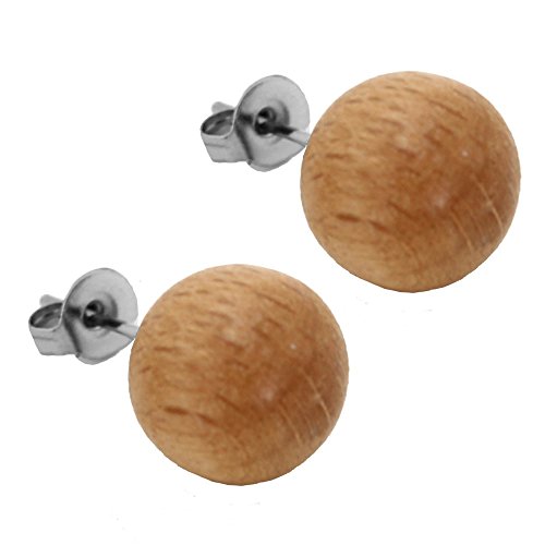 Tumundo 1 Paar Holz Ohrstecker Ohrringe Beige Kugel Perle Rund Ohr Damen-Schmuck Ohrschmuck Natur Holzschmuck von tumundo