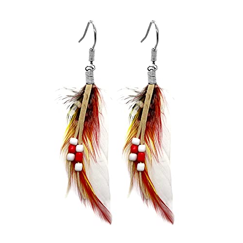 Tumundo 2 Ohrringe Federohrringe Ohr-Hänger Feder Leder Perle Weiß Rot Vintage Fasching Indianer Boho Damen-Schmuck von Tumundo