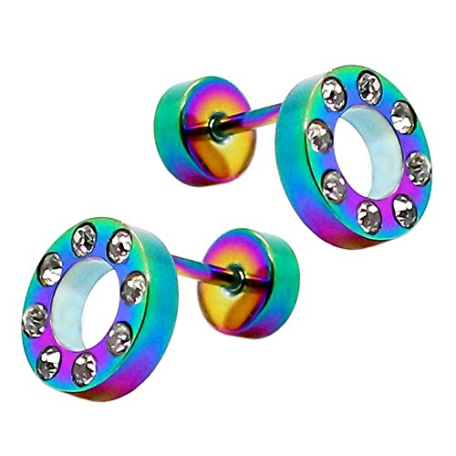 Tumundo 1 Paar Edelstahl Fakeplugs Mit Etui Geschenkbox Fake Strass Glitzer Plug Rund Loch Ohrstecker Piercing Tunnel, Farbe:rainbow mit Strass - 10mm von Tumundo