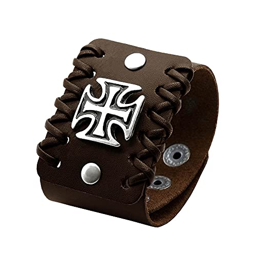 Tumundo Herren Leder-Armband Kreuz Cross Breit Verstellbar Biker Gothic Punk Schwarz Braun Silberfarben, Variante:braun von Tumundo