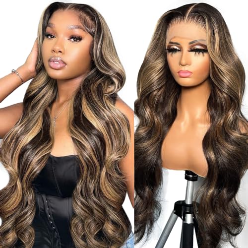 30 Zoll Echthaar Perücke Ombre Highlight 13x4 Transparent Lace Front Wig Human Hair, Body Wave Wigs for Black Women, 2/27 Blonde Perücken Echthaar Glueless Wig Human Hair (75cm) von tunfine