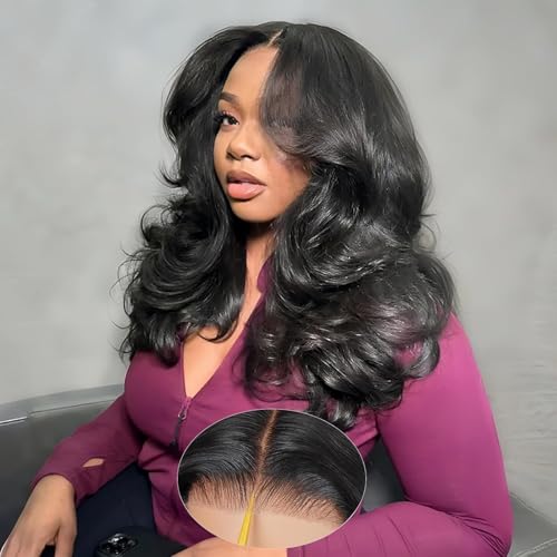 Layered Curtain Bangs Face-Framing 6x6 Glueless Wigs Human Hair Pre Plucked Pre Cut HD Lace 180 Density Echthaar Perücke Damen Loose Body Wave Real Glueless Human Hair Wig for Women 24 Zoll(60cm) von tunfine