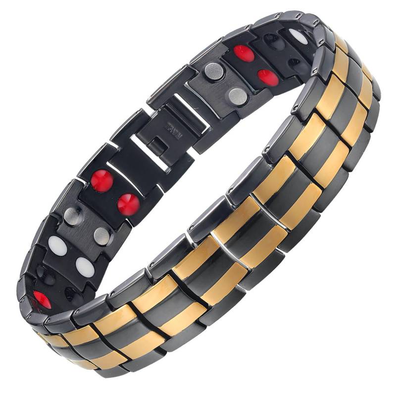 Doppelreihiges Herren Titan Armband - Schwarz & 24K Gold Mit Magneten von tungstino