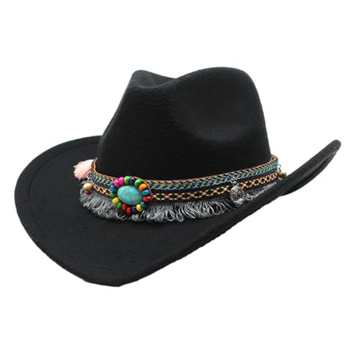 tuwiwol Modische Kinder Wolle Hohl Western Cowboy Hut Für Kinder Polyester Cowboy Hut Mit Quaste Gürtel Cowgirl Sombrero Kappe, Schwarz von tuwiwol