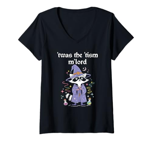 Damen TWAS The 'Tism M'Lord Waschbär Zauberer Lustig Autismus Autistisch T-Shirt mit V-Ausschnitt Damen TWAS The 'Tism M'Lord Waschbär Zauberer Lustig Autismus Autistisch T-Shirt mit V-Ausschnitt von twas the tism m lord wizard raccoon