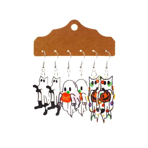 3 Paar Halloween Ohrringe Set Niedliche Katze Geist Schädel Tropfen Ohrringe Lustige Acryl Doppelseitiger Cowboyhut Ohrring Halloween Party Zubehör Geschenke für Frauen Geist Kürbis von twinkle eye