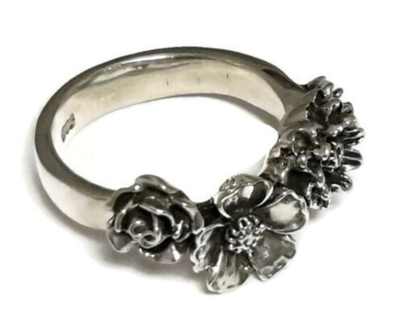 Frauen Blumen in Einer Reihe Design Vintage .925 Sterling Silber Ring von twinsjewelrygs
