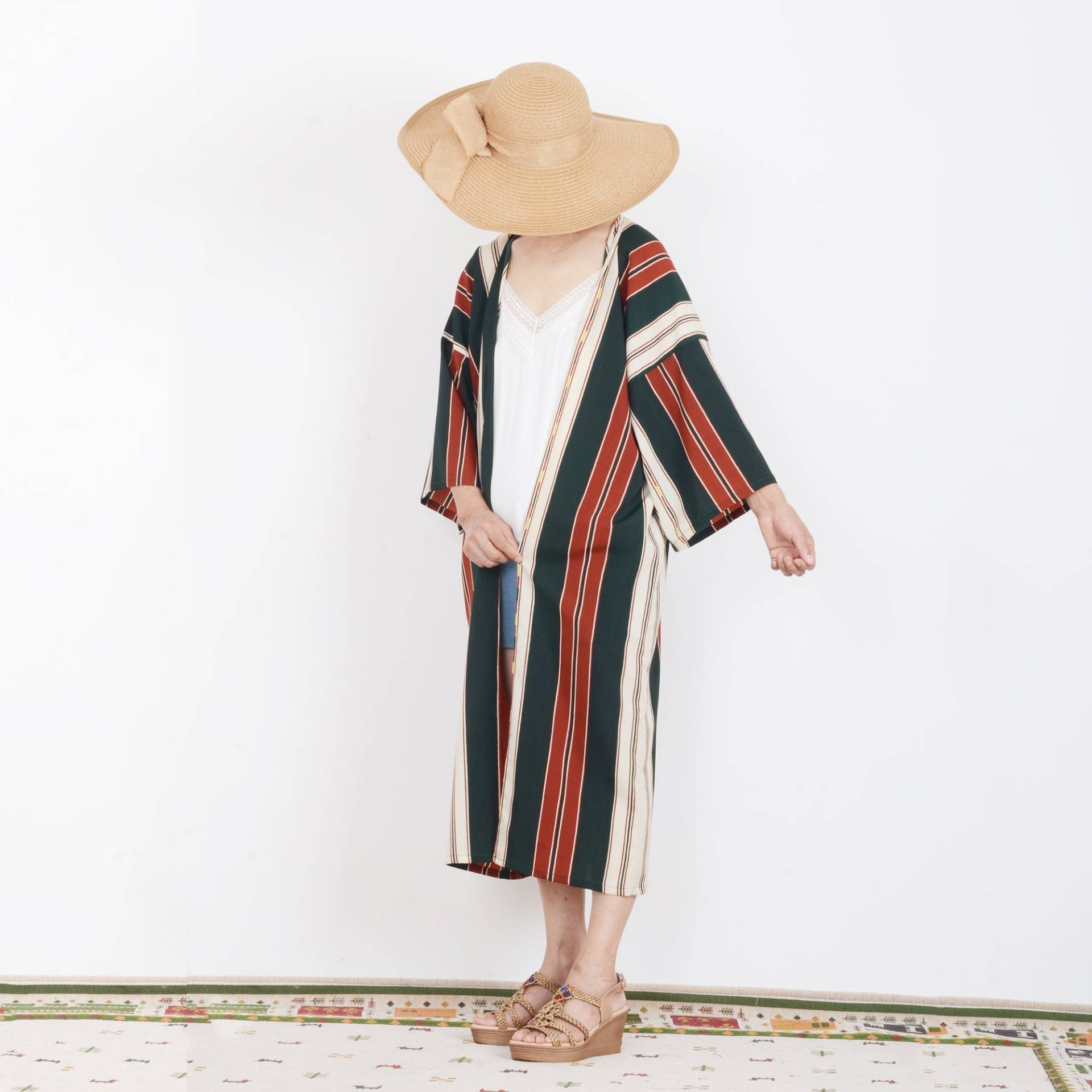 Dunkelgrün Mit Beige Und Rot Kimono, Kimono Ärmel, Sommer Vertuschen, Urlaub Kleid, Strand Strickjacke, Für Frauen, Sl049 von twogirlstudio