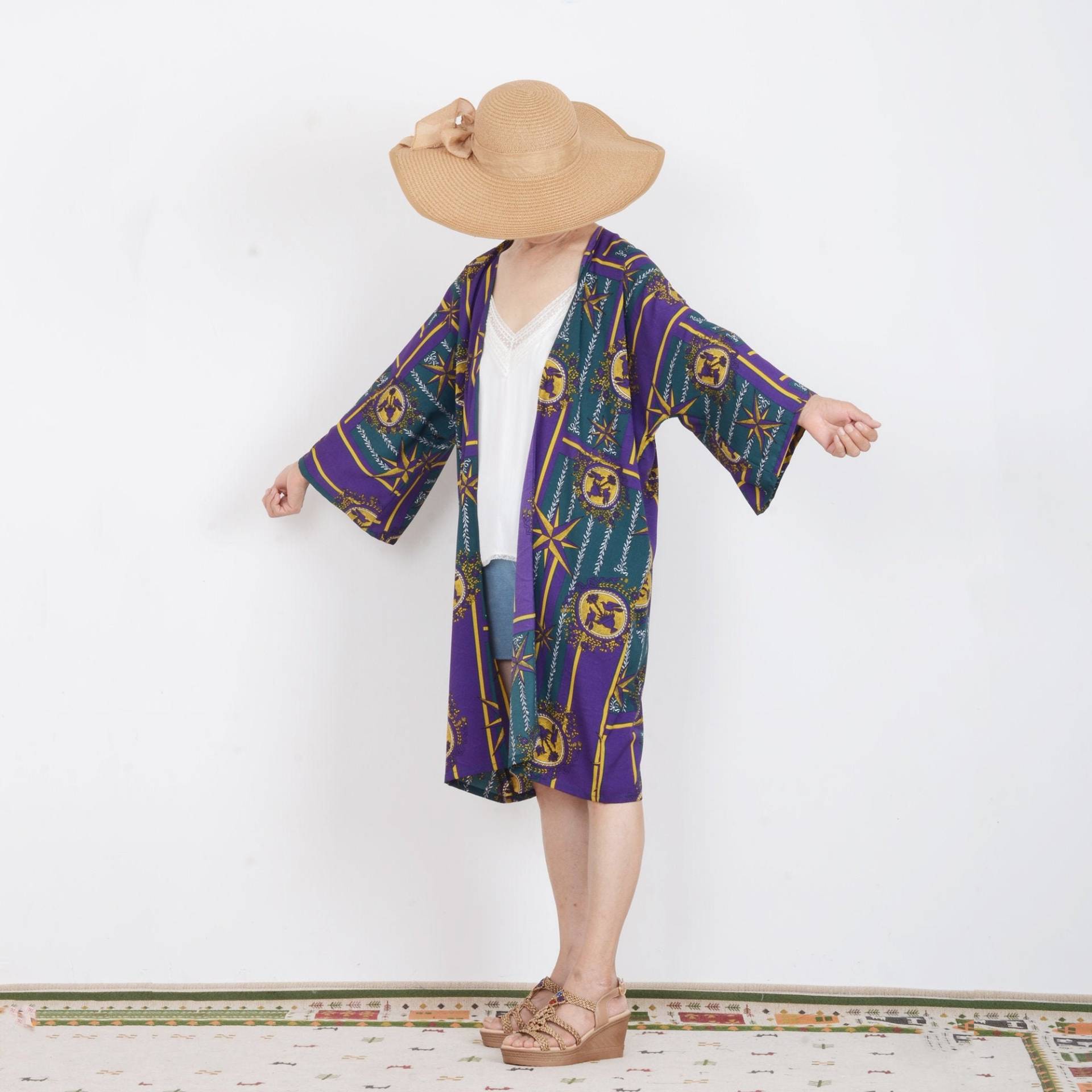 Grün Mit Lila Sterne Kimono, Kimono Ärmel, Sommer Vertuschen, Strand Strickjacke, Kimonos, Für Frauen, Sl052 von twogirlstudio