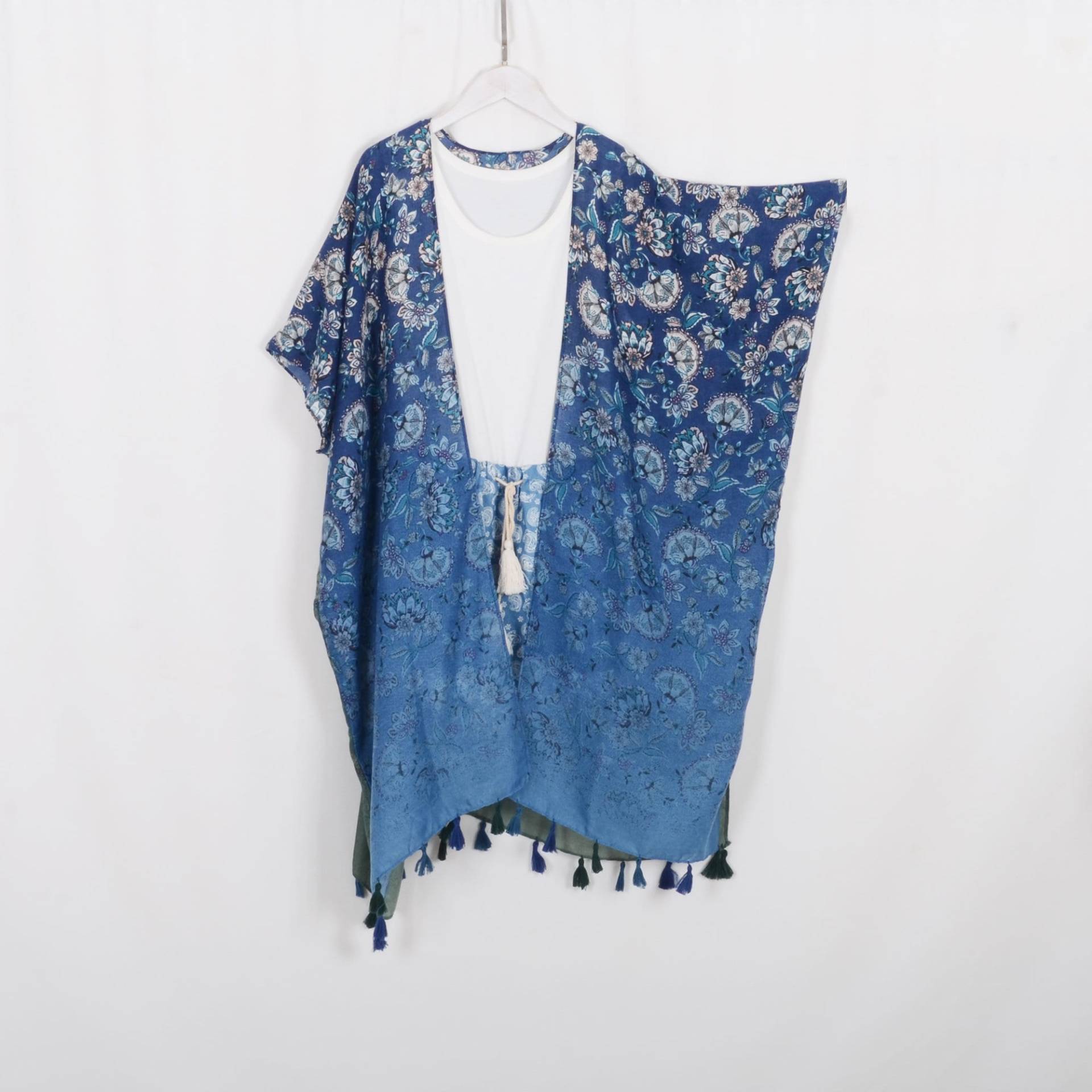 Langer Boho Kimono Cardigan, Blau Grün Blumen Print Style Kimono, Strand Bezug, Frauen Cover Up, Leichte Abdeckung, 813 # von twogirlstudio