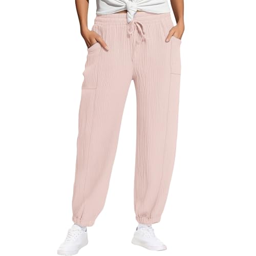 Musselin Hose Damen Lang Sommer Leinenhose Baumwolle Leinen Beach Hose Casual Leicht Sommerhose Einfarbig Loose Fit Stoffhose Elastischem Bund Freizeithose Gerades Bein Palazzohose Rosa,S Musselin Hose Damen Lang Sommer Leinenhose Baumwolle Leinen Beach Hose Casual Leicht Sommerhose Einfarbig Loose Fit Stoffhose Elastischem Bund Freizeithose Gerades Bein Palazzohose Rosa,S von txeskufosd