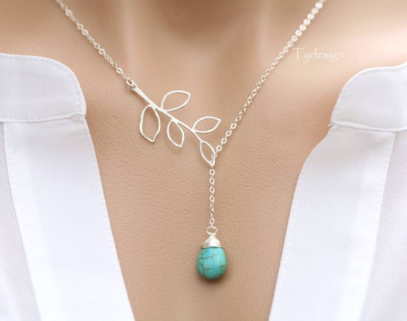 Offene Blatt Zweig Edelstein Lariat, Floral Y Halskette, Türkis Benutzerdefinierte Geburtsstein, Hochzeitsschmuck, Brautjungfer Geschenk von tydesign