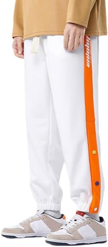 tylxayoxa Jogginghose Herren Mit Seitlicher Knopfleiste Zum Öffnen Button Up Sporthose Streifen Sweathose Lose Gym Fitness Hose Freizeithosen Mit Taschen (Color : White, Size : XXL) von tylxayoxa