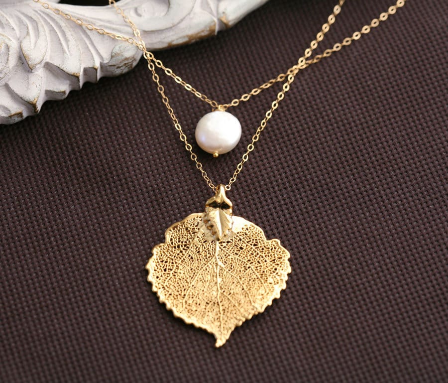 Doppelschicht Gold Espe Halskette Mit Benutzerdefinierten Geburtsstein, Personalisierte Echte Blatt Halskette, Geburtstagsgeschenk, Brautjungfer Doppelschicht Gold Espe Halskette Mit Benutzerdefinierten Geburtsstein, Personalisierte Echte Blatt Halskette, Geburtstagsgeschenk, Brautjungfer von tyrahandmadejewelry