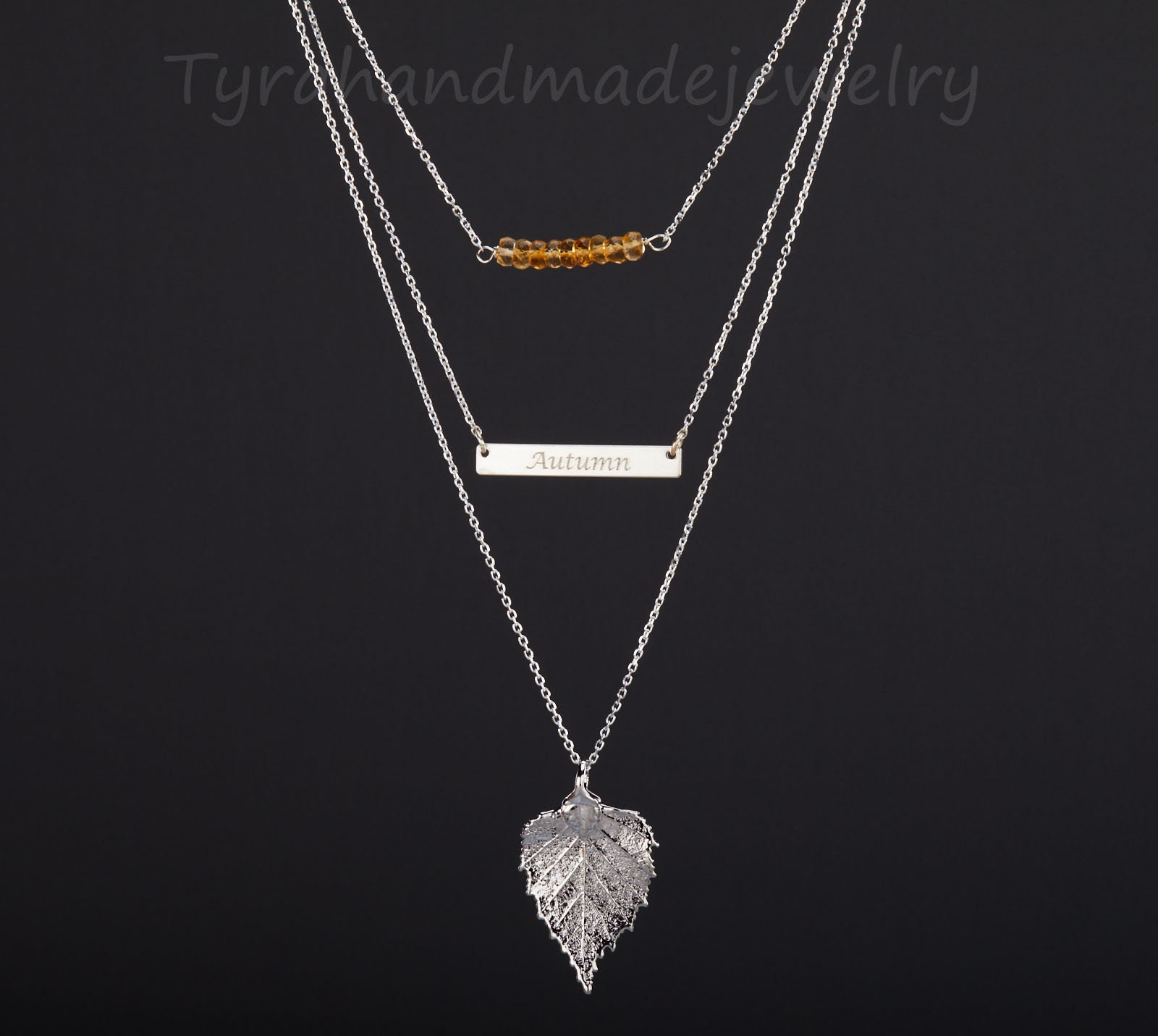 Drei Überlagerte Dünne Lange Bar Espe Und Echte Blatthalskette Set, Edelstein Halskette, Minimalistisch, Individuell Gravierte Silber Halskette Drei Überlagerte Dünne Lange Bar Espe Und Echte Blatthalskette Set, Edelstein Halskette, Minimalistisch, Individuell Gravierte Silber Halskette von tyrahandmadejewelry
