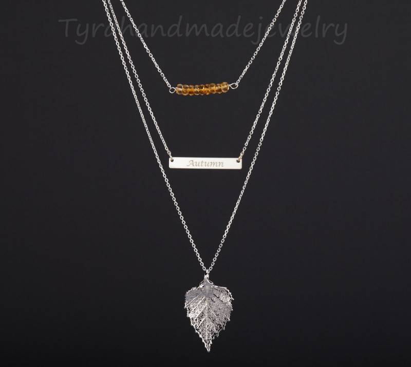 Drei Überlagerte Dünne Lange Bar Espe Und Echte Blatthalskette Set, Edelstein Halskette, Minimalistisch, Individuell Gravierte Silber Halskette Drei Überlagerte Dünne Lange Bar Espe Und Echte Blatthalskette Set, Edelstein Halskette, Minimalistisch, Individuell Gravierte Silber Halskette von tyrahandmadejewelry
