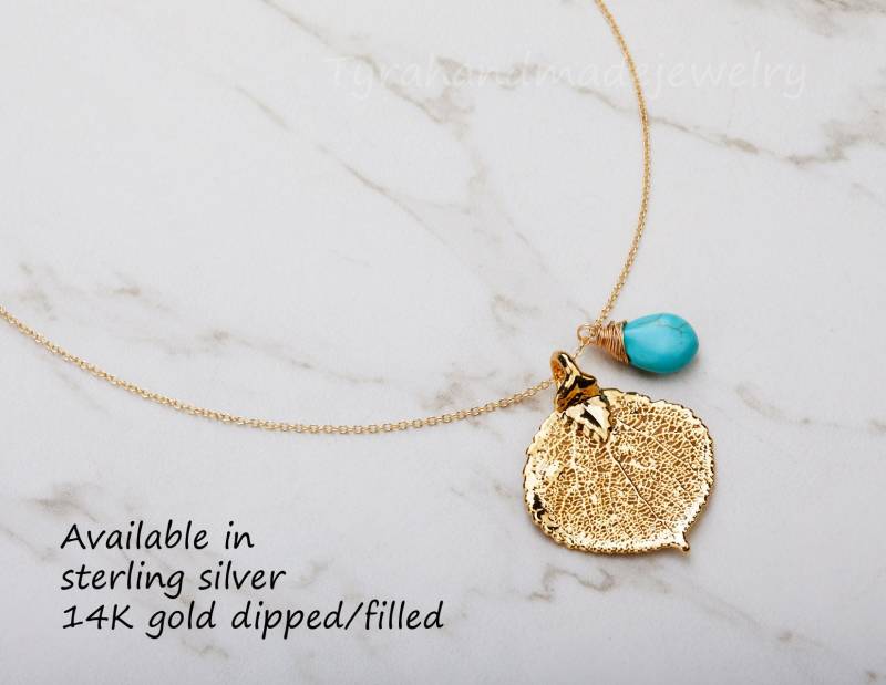 Gold Aspen Blatt Halskette, Echte Türkis, Benutzerdefinierte Geburtsstein, Brautjungfer Geschenk, Herbst Hochzeit Schmuck Hinweis von tyrahandmadejewelry