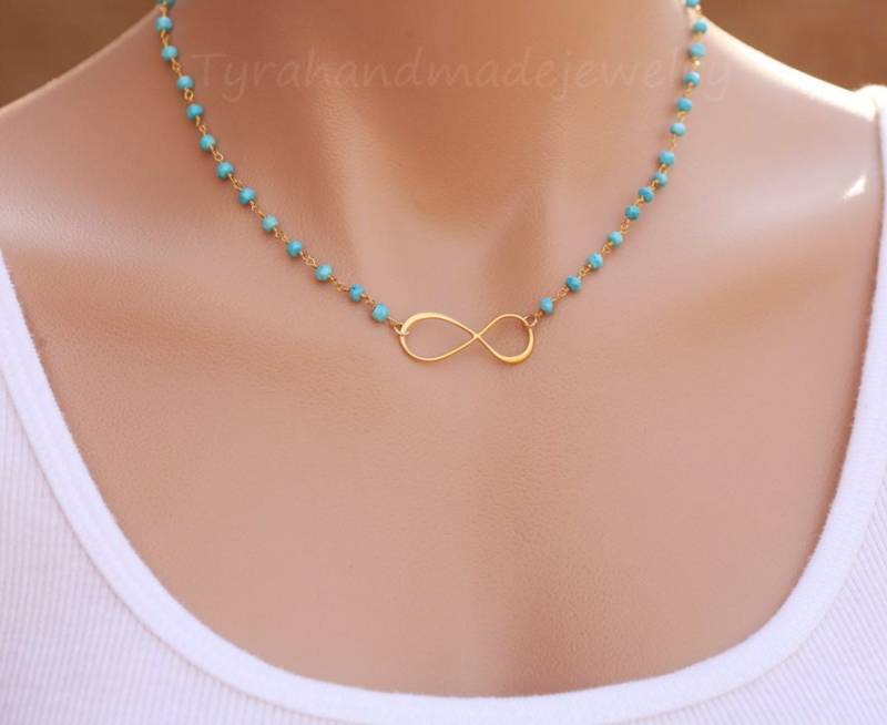Perlen Türkis Infinity Halskette, Edelstein Unendlichkeit Benutzerdefinierte Edelsteine, Gold Figur Acht Mutter Schmuck, Beste Freundin von tyrahandmadejewelry