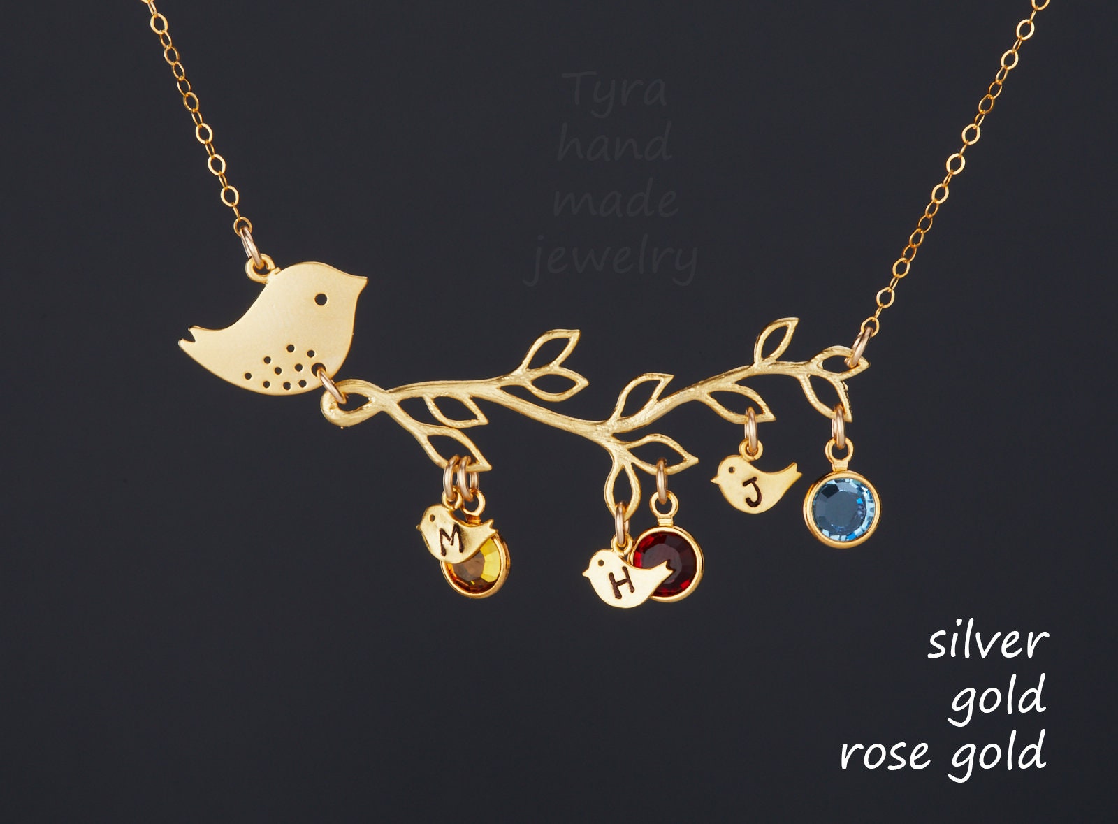 Personalisierte Vogel Auf Zweig Halskette, Erste Familie Mutter Baby, Benutzerdefinierte Geburtsstein, Mütter Tag Geschenk, Oma Jahrestag Personalisierte Vogel Auf Zweig Halskette, Erste Familie Mutter Baby, Benutzerdefinierte Geburtsstein, Mütter Tag Geschenk, Oma Jahrestag von tyrahandmadejewelry