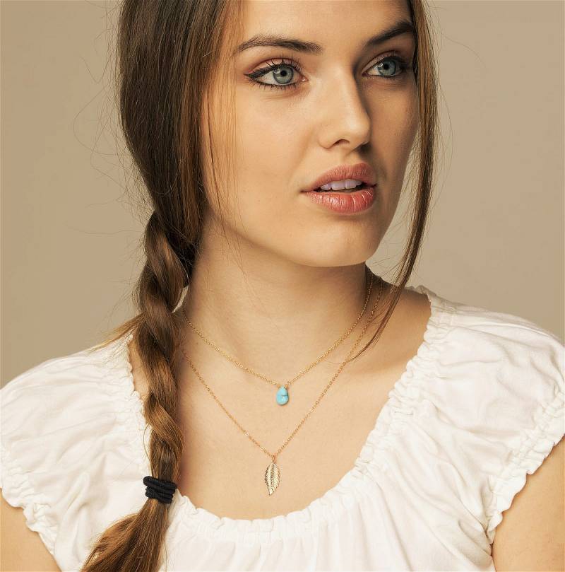 Silberne Oder Goldene Doppelschichtfeder Halskette, Türkisfarbene Schlafende Beauty-Türkis-Anhänger, Langes Blatt, Federkette Silberne Oder Goldene Doppelschichtfeder Halskette, Türkisfarbene Schlafende Beauty-Türkis-Anhänger, Langes Blatt, Federkette von tyrahandmadejewelry