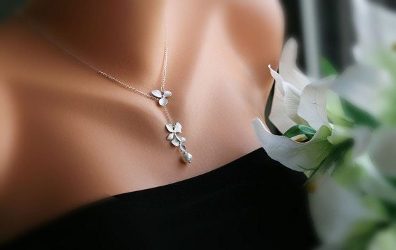 Brautjungfern Geschenke, 6Er Set, Orchidee Blume Und Swarovski Perlen Halskette, Lariat, Hochzeitsschmuck, Blumenmädchen, Blumenschmuck von tyrahandmadejewelry2