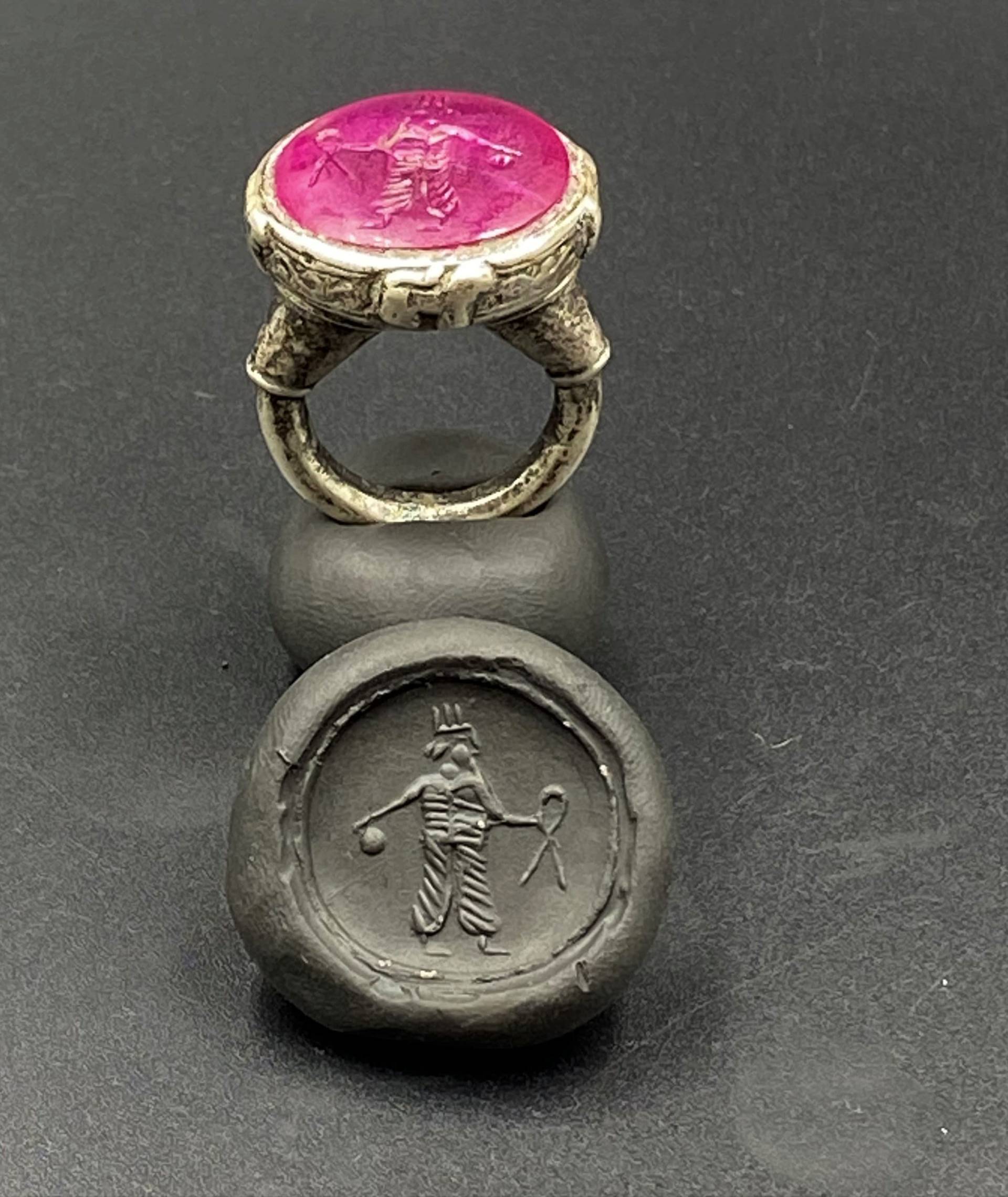 Sasanian Antike Gravierte Alte Edelsteine Stein Rubin Lichtstempel Siegel Silber Ring von uddiyanaart