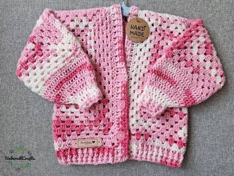 Einzelstück - Kinder/ Baby Häkeljacke in Rosa/Weiß, Strickjacke Gehäkelt, Cardigan, Hexagon Jacke, Handgemachte Handmade von ueberallcrafts
