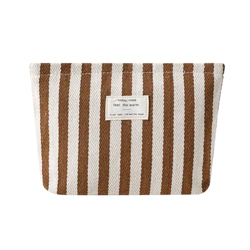 Gestreifte Make-up-Tasche aus Segeltuch mit Reißverschluss, klein, waschbar, Organizer-Tasche mit Canvas-Futter für Damen und Mädchen, 04brown von uekeboag
