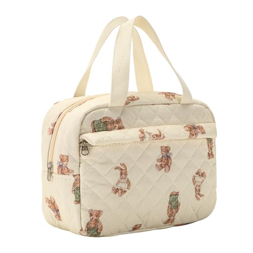 Große gesteppte Kosmetiktasche mit niedlichem Blumenmuster, Baumwolle, Reise-Kosmetik-Organizer-Tasche mit Tragegriff oben, mehrschichtiger Reise-Kulturbeutel für Mädchen, 04Bear von uekeboag