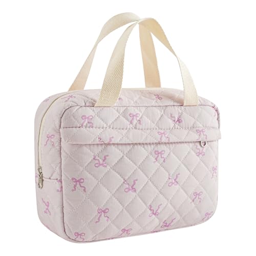 Große gesteppte Kosmetiktasche mit niedlichem Blumenmuster, Baumwolle, Reise-Kosmetik-Organizer-Tasche mit Tragegriff oben, mehrschichtiger Reise-Kulturbeutel für Mädchen, 06 Kleine rosa Schleife von uekeboag