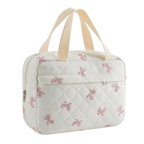 Große gesteppte Kosmetiktasche mit niedlichem Blumenmuster, Baumwolle, Reise-Kosmetik-Organizer-Tasche mit Tragegriff oben, mehrschichtiger Reise-Kulturbeutel für Mädchen, 07 weiß-rosa Schleife von uekeboag