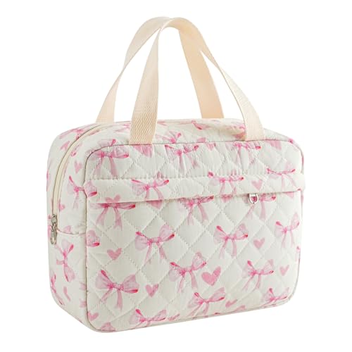 Große gesteppte Kosmetiktasche mit niedlichem Blumenmuster, Baumwolle, Reise-Kosmetik-Organizer-Tasche mit Tragegriff oben, mehrschichtiger Reise-Kulturbeutel für Mädchen, 08 Herzschleife von uekeboag