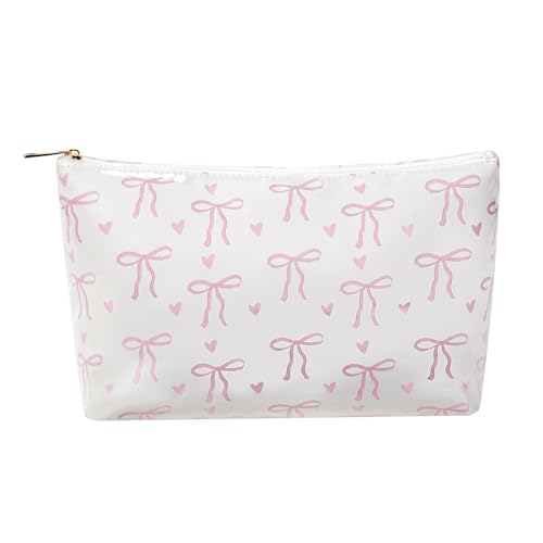 Große wasserdichte PVC-Strand-/Pool-Make-up-Tasche mit Schleifenmuster, niedliche Kosmetiktasche mit Reißverschluss, Kokette, Reise-Kulturbeutel für Damen und Mädchen, 01 rosa Schleife von uekeboag