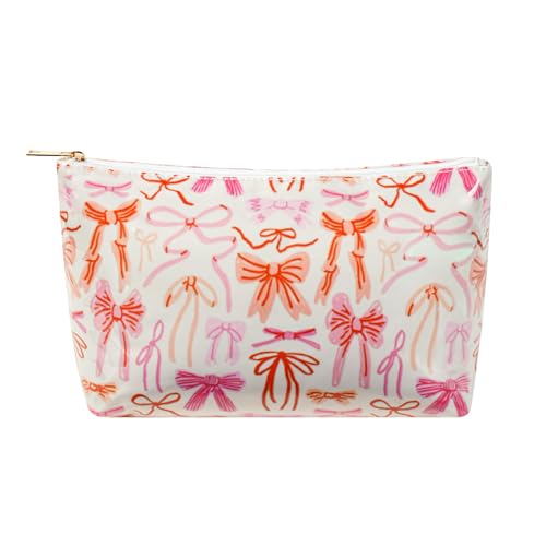 Große wasserdichte PVC-Strand-/Pool-Make-up-Tasche mit Schleifenmuster, niedliche Kosmetiktasche mit Reißverschluss, Kokette, Reise-Kulturbeutel für Damen und Mädchen, 06 Orange Schleife von uekeboag