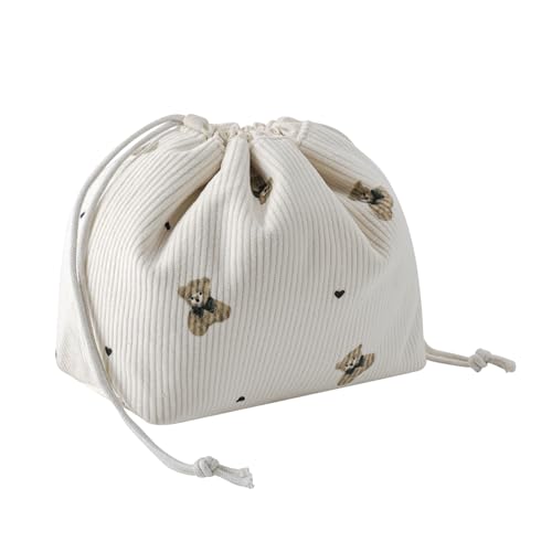 Niedliche, weiche Make-up-Tasche aus Cord mit Kordelzug und Leinenfutter, ästhetischer Kosmetiktasche mit Bärenmuster für Damen und Mädchen, Kawaii-Reise-Make-up-Organizer, 02Beige Bär von uekeboag