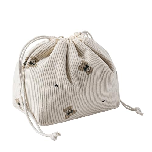 Niedliche, weiche Make-up-Tasche aus Cord mit Kordelzug und Leinenfutter, ästhetischer Kosmetiktasche mit Bärenmuster für Damen und Mädchen, Kawaii-Reise-Make-up-Organizer, 04 Helltaupe von uekeboag