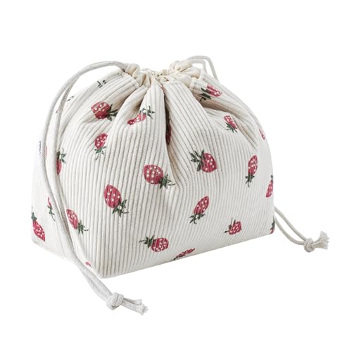 Niedliche, weiche Make-up-Tasche aus Cord mit Kordelzug und Leinenfutter, ästhetischer Kosmetiktasche mit Bärenmuster für Damen und Mädchen, Kawaii-Reise-Make-up-Organizer, 06 Erdbeere von uekeboag