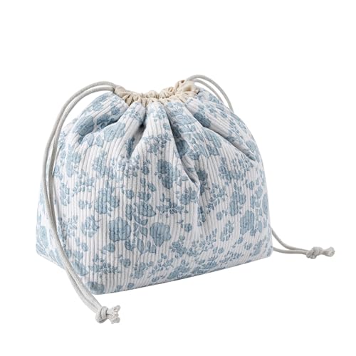 Niedliche, weiche Make-up-Tasche aus Cord mit Kordelzug und Leinenfutter, ästhetischer Kosmetiktasche mit Bärenmuster für Damen und Mädchen, Kawaii-Reise-Make-up-Organizer, 07 Hellblaue Blume von uekeboag