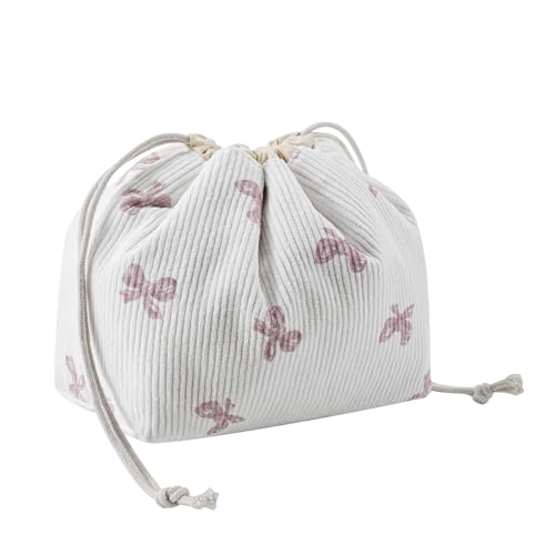 Niedliche, weiche Make-up-Tasche aus Cord mit Kordelzug und Leinenfutter, ästhetischer Kosmetiktasche mit Bärenmuster für Damen und Mädchen, Kawaii-Reise-Make-up-Organizer, 08 White Pinkbow von uekeboag