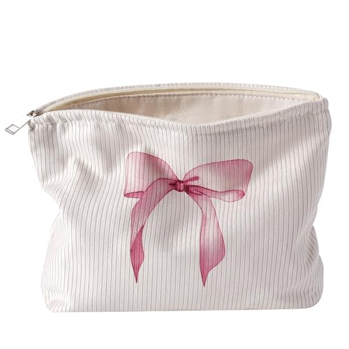 Niedliche Make-up-Tasche aus weichem Cord mit Reißverschluss für Geldbörse, ästhetische Tasche mit rosa Schleifenmuster für Damen und Mädchen, Pinselaufbewahrung, Reise-Kosmetiktaschen, 02Big Bow von uekeboag