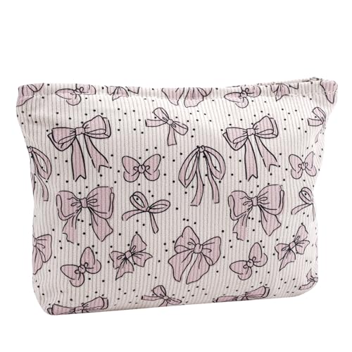 Niedliche Make-up-Tasche aus weichem Cord mit Reißverschluss für Geldbörse, ästhetische Tasche mit rosa Schleifenmuster für Damen und Mädchen, Pinselaufbewahrung, Reise-Kosmetiktaschen, 03 Violette von uekeboag
