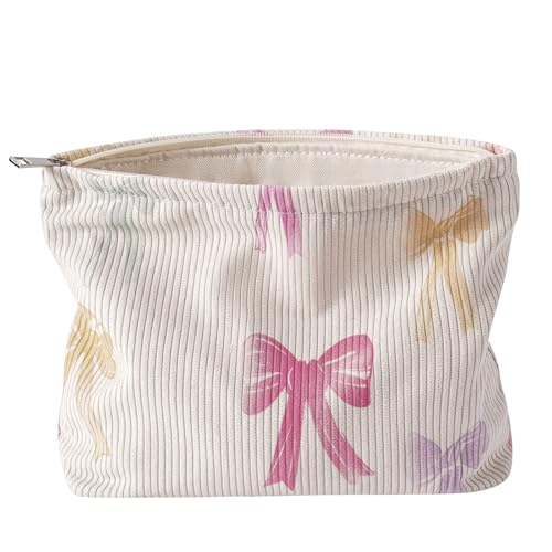 Niedliche Make-up-Tasche aus weichem Cord mit Reißverschluss für Geldbörse, ästhetische Tasche mit rosa Schleifenmuster für Damen und Mädchen, Pinselaufbewahrung, Reise-Kosmetiktaschen, 04 Bunte von uekeboag