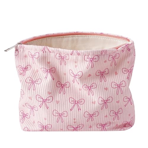 Niedliche Make-up-Tasche aus weichem Cord mit Reißverschluss für Geldbörse, ästhetische Tasche mit rosa Schleifenmuster für Damen und Mädchen, Pinselaufbewahrung, Reise-Kosmetiktaschen, 05 rosa von uekeboag