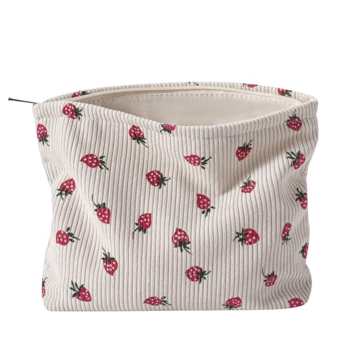 Niedliche Make-up-Tasche aus weichem Cord mit Reißverschluss für Geldbörse, ästhetische Tasche mit rosa Schleifenmuster für Damen und Mädchen, Pinselaufbewahrung, Reise-Kosmetiktaschen, 06Strawberry von uekeboag